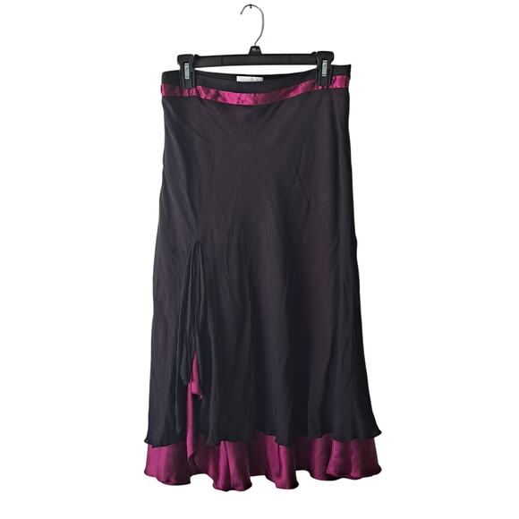 Promod Layered Midi Skirt Side Slit 100% Silk Black & Purple Women's Size 6 - Picture 1 of 13